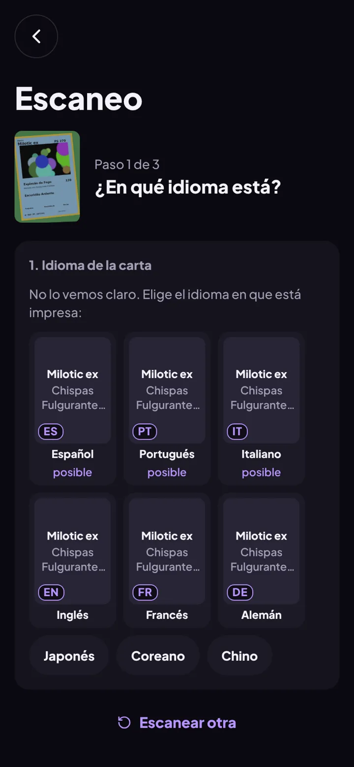 El escáner pregunta el idioma enseñando la carta en cada idioma